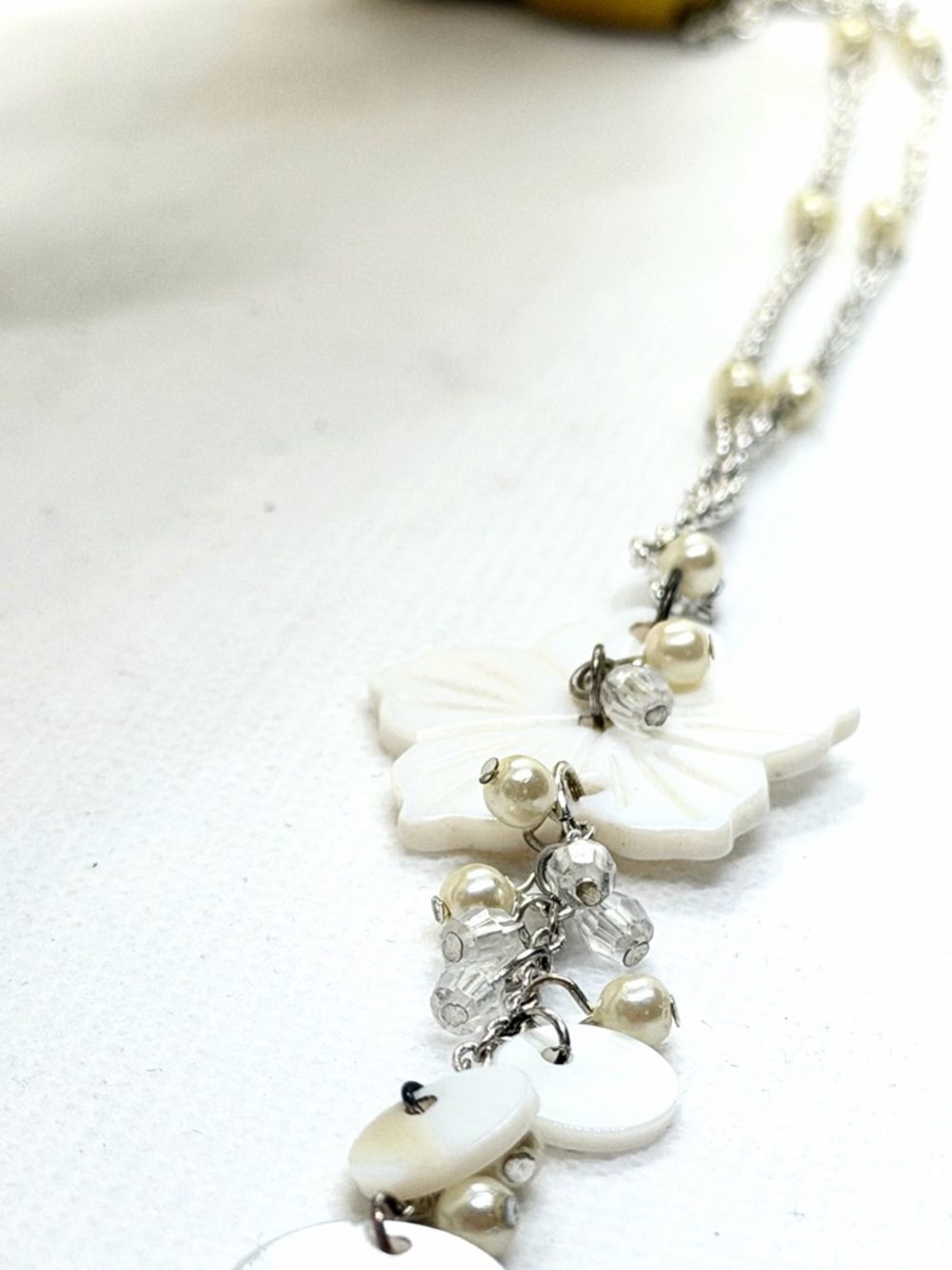 White Floral Drop Necklace with Acrylic Pearl & Crystal Accents - Picture 3 of 5